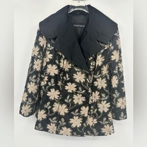 Sander Witlin Floral Jacquard Jacket Satin Maxi Lapel Womens Small 6 Black White